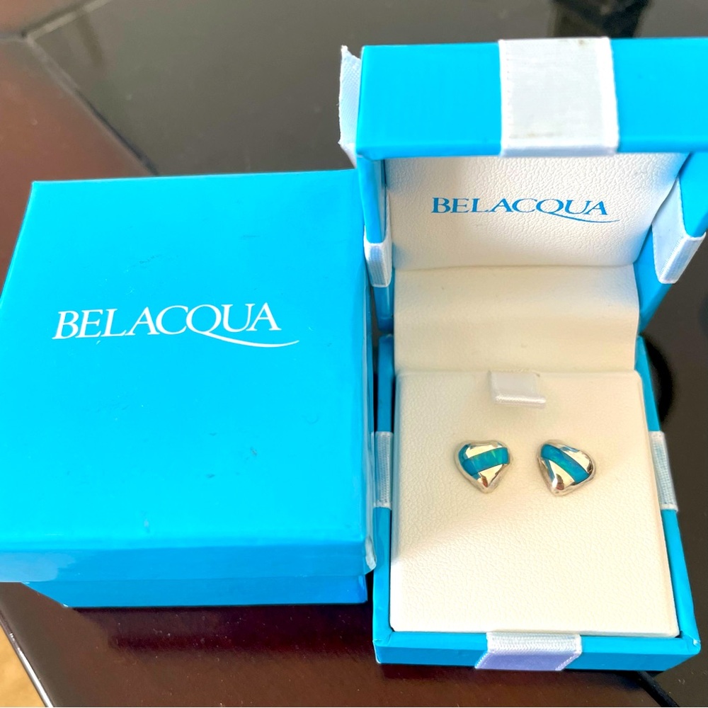 Belacqua silver and blue opal heart earrings